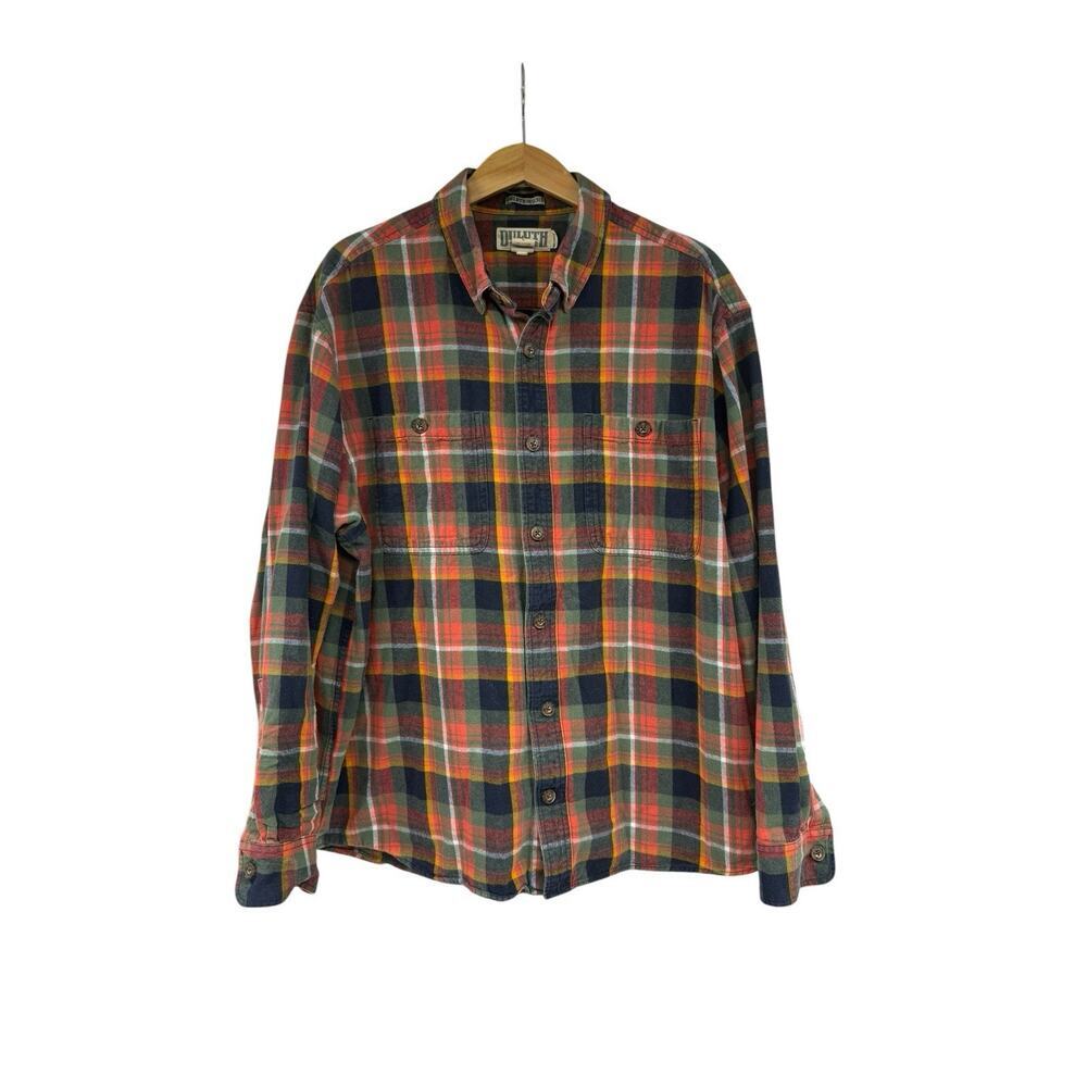 Duluth Trading Untucked Relaxed Fit Plaid Cotton Button Up Shirt Men’s Orange